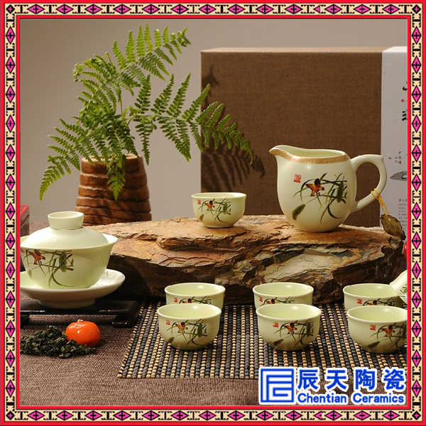 手绘工艺陶瓷茶具 生产家用青花瓷茶具 人物图案精致茶具