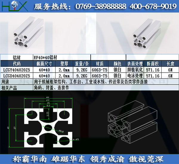支架铝型材 黄江EF4040铝型材 电泳处理 HLX-4040T2.0阳极氧极铝型材
