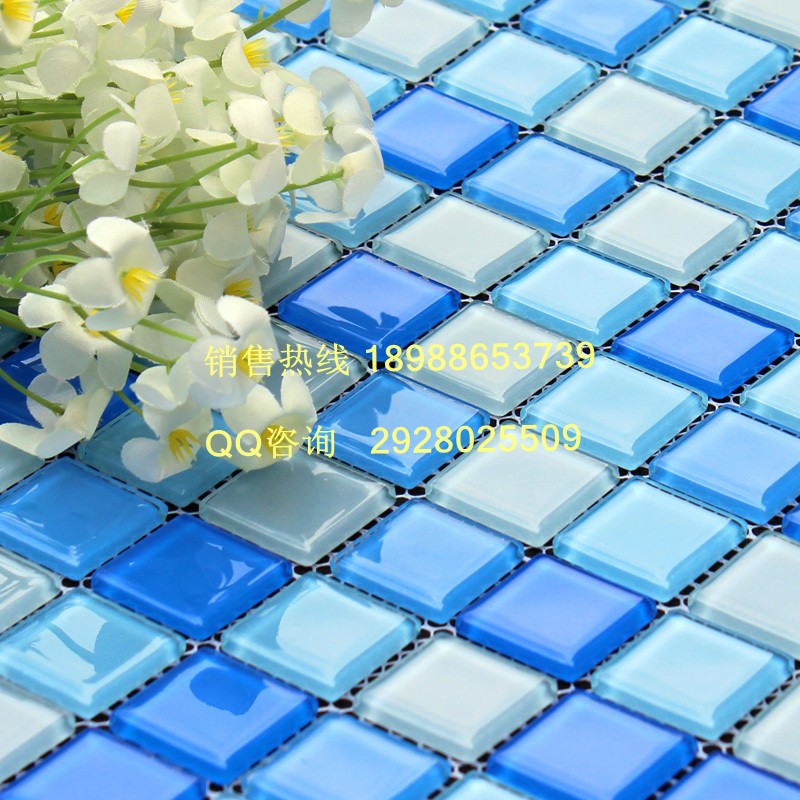 国标游泳池蓝色瓷砖 水晶玻璃马赛克厂家优惠批发