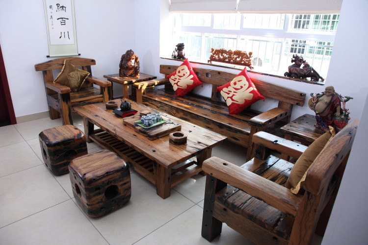 北京老船木茶桌椅组合批发仿古客厅茶台茶艺桌图片