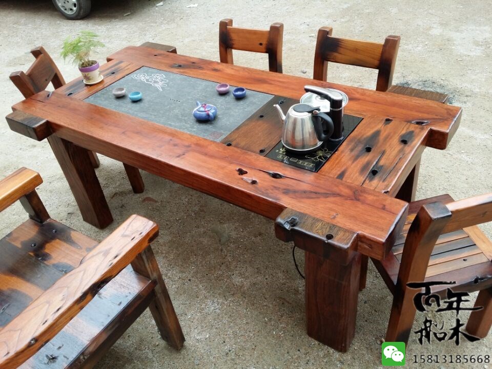 老船木实木家具大堂客厅复古中式茶艺功夫茶几龙骨茶台茶桌椅组合
