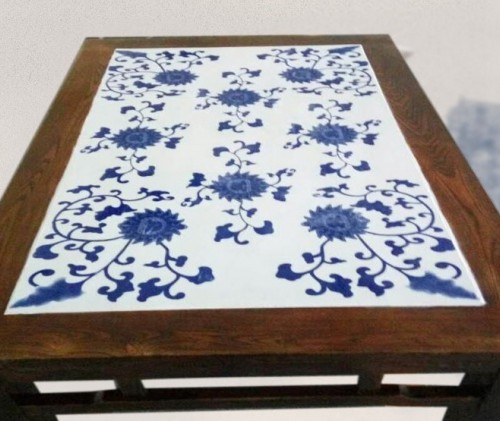餐厅餐桌红木家具镶嵌青花瓷板生产厂家