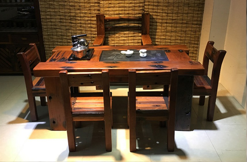 老船木家具天然海螺孔龙骨茶桌椅组合实木客厅茶台