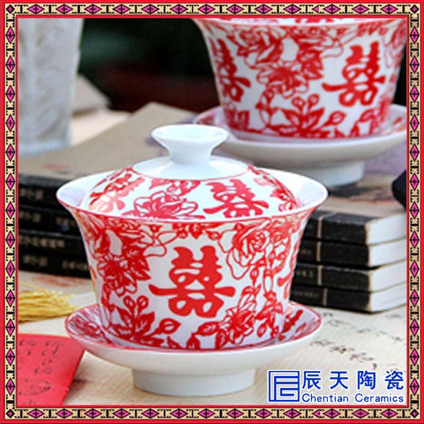 定制礼品白瓷功夫茶具青花瓷盖碗茶杯手绘三才茶碗