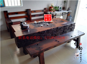 老船木圆形餐桌椅组合餐厅仿古实木家具中式转盘饭桌