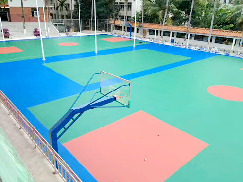 天津武清弹性丙烯酸篮球场施工厂家绿红搭配很帅气