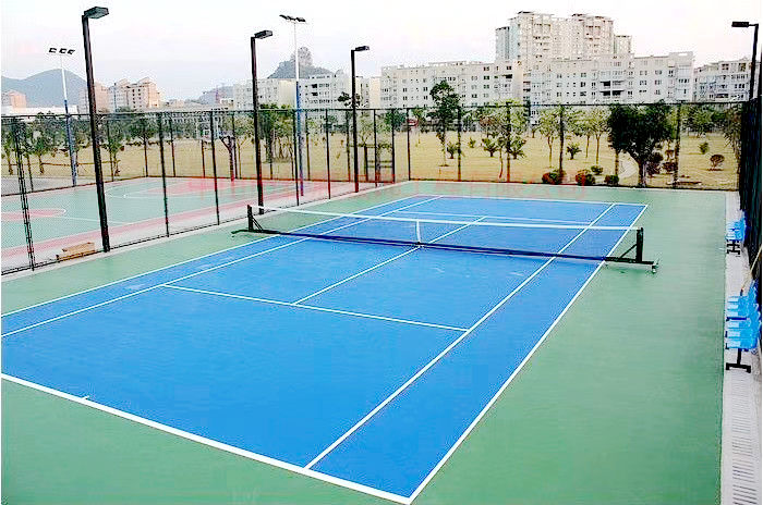 天津河东进口丙烯酸篮球场铺装公司绿蓝搭配很赞的