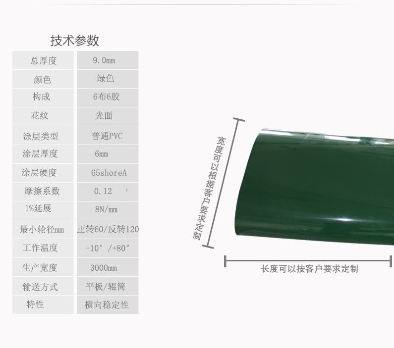 9.0mm绿色PVC输送带 机械制造专用 工业防静电输送带定制