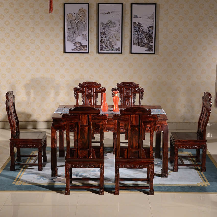 东阳红木西餐桌 长方形餐桌 印尼黑酸枝阔叶黄檀国色天香西餐桌 