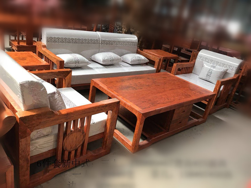 巴花新中式沙发六件套 红木家具 实木沙发