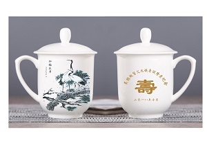 高档祝寿礼品陶瓷茶杯 松鹤延年陶瓷茶杯