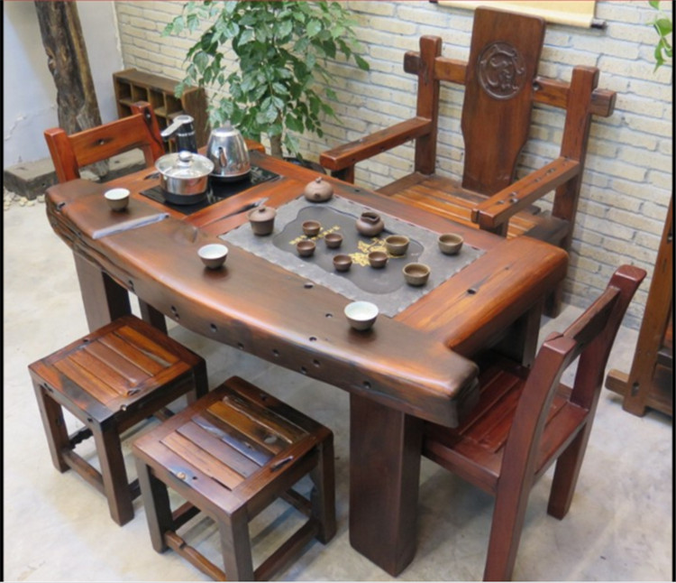 老船木实木茶几茶台龙骨茶桌椅组合博古架沙发
