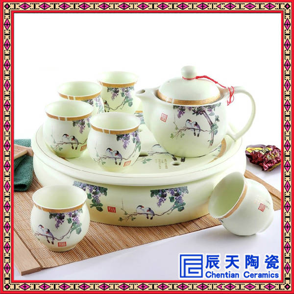 陶瓷茶具特价批发 供应彩绘鸟语花香功夫茶具套装