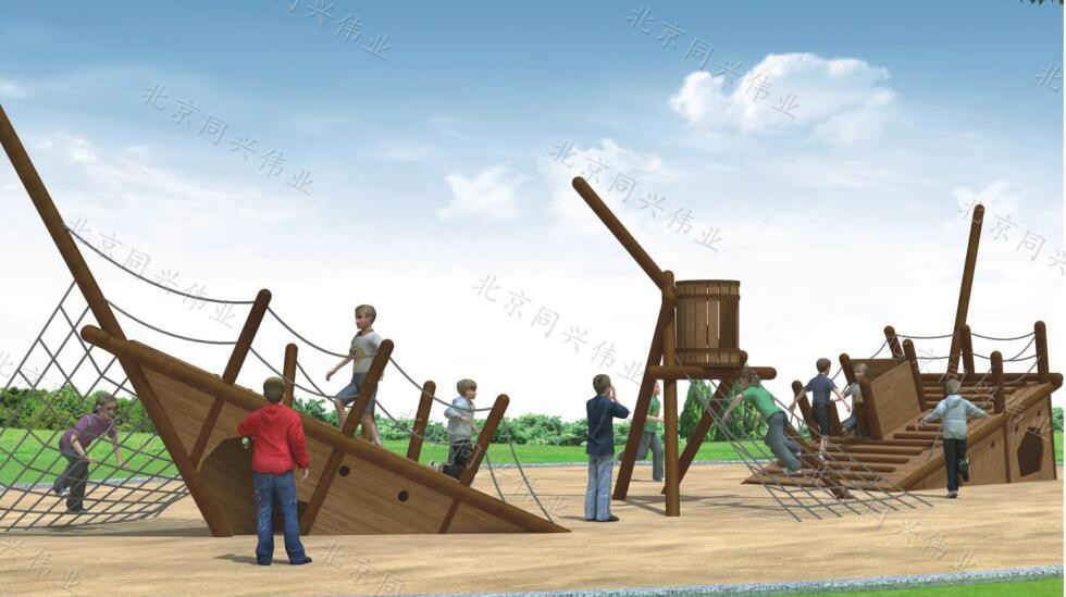户外幼儿园滑梯 木制海盗船 高空拓展攀爬网