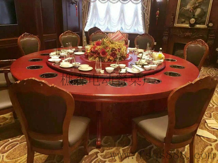酒店包房专用电动餐桌 实木雕花电动餐桌 餐厅桌椅