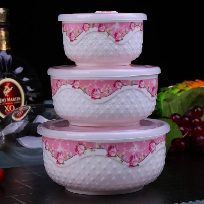 保鲜碗三件套 陶瓷带盖便当盒 耐热密封学生泡面碗可定制